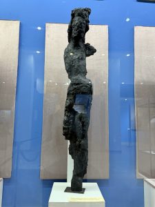 A charred sculpture-column of a female dancer, found at Panjakent, courtesy of the Dushanbe Museum.